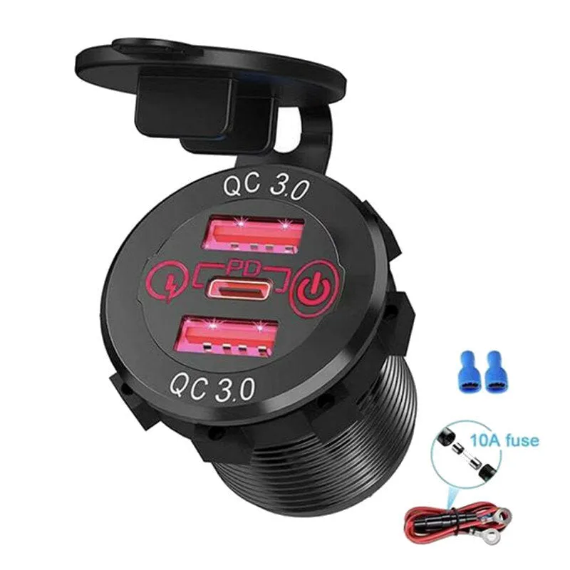 12V-24V 60W Triple USB Car Charger Socket PD3.0 & Dual QC3.0 with Touch Switch Fast Charge Adapter Bus Trailer Boats