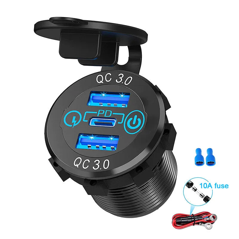 12V-24V 60W Triple USB Car Charger Socket PD3.0 & Dual QC3.0 with Touch Switch Fast Charge Adapter Bus Trailer Boats