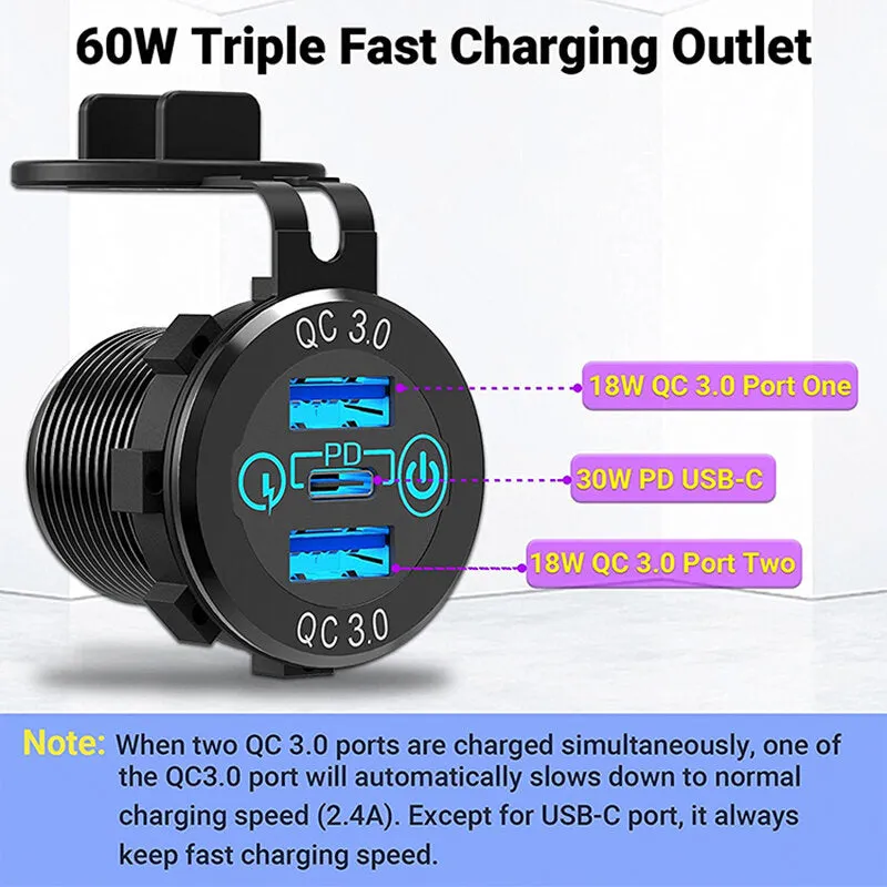 12V-24V 60W Triple USB Car Charger Socket PD3.0 & Dual QC3.0 with Touch Switch Fast Charge Adapter Bus Trailer Boats