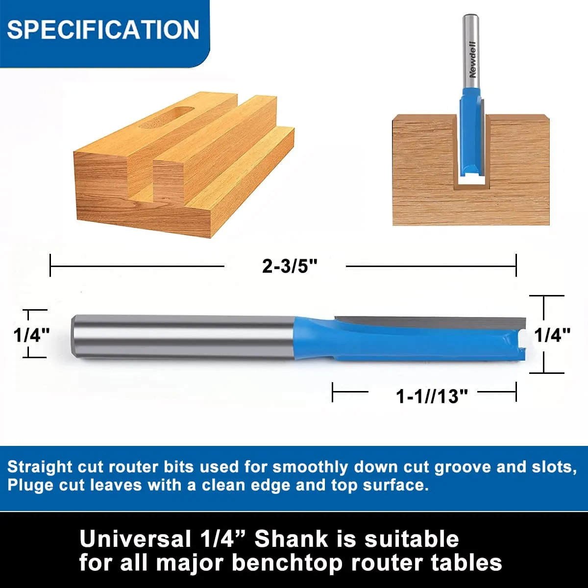 1/4 Straight Router bit Set, Newdeli Double Flute Straight Bit Set in Carbide Tipped, Woodwork Carbide Wood Milling Cutter Woodworking Tools