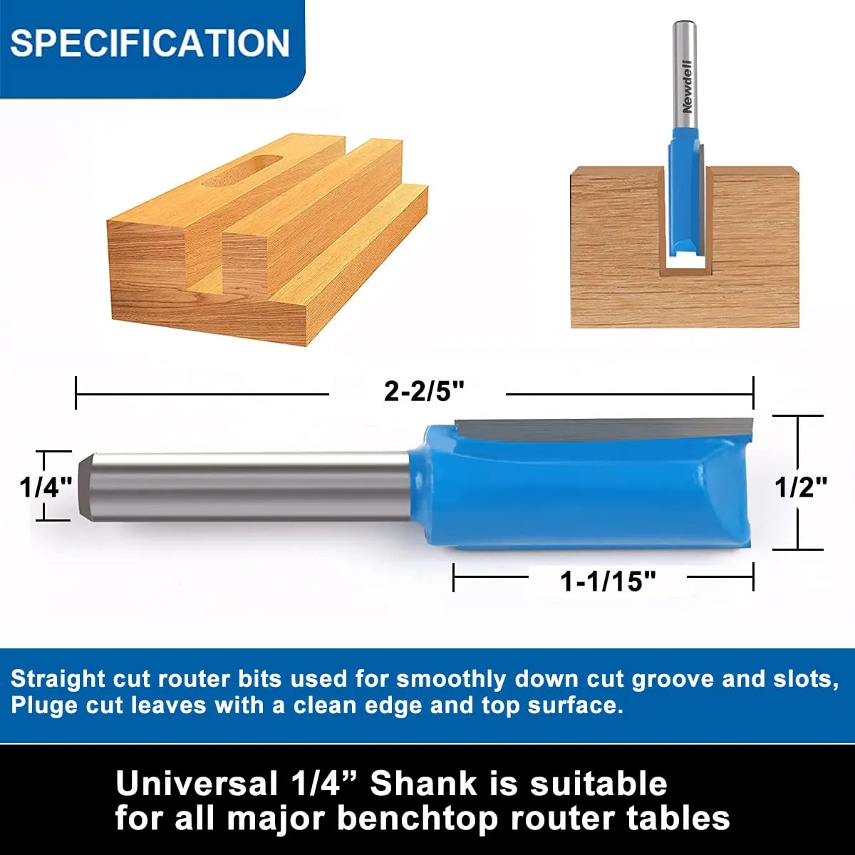 1/4 Straight Router bit Set, Newdeli Double Flute Straight Bit Set in Carbide Tipped, Woodwork Carbide Wood Milling Cutter Woodworking Tools