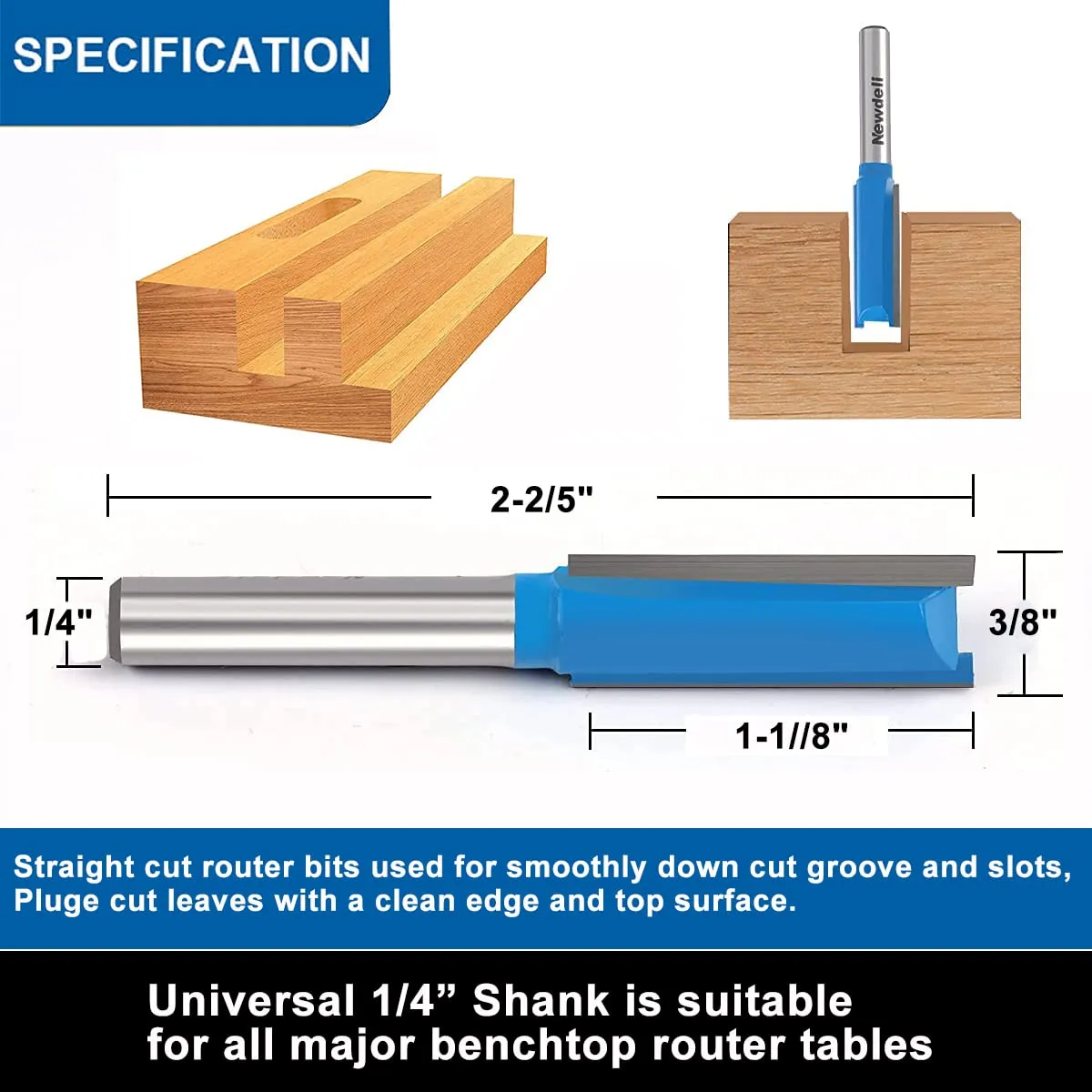 1/4 Straight Router bit Set, Newdeli Double Flute Straight Bit Set in Carbide Tipped, Woodwork Carbide Wood Milling Cutter Woodworking Tools