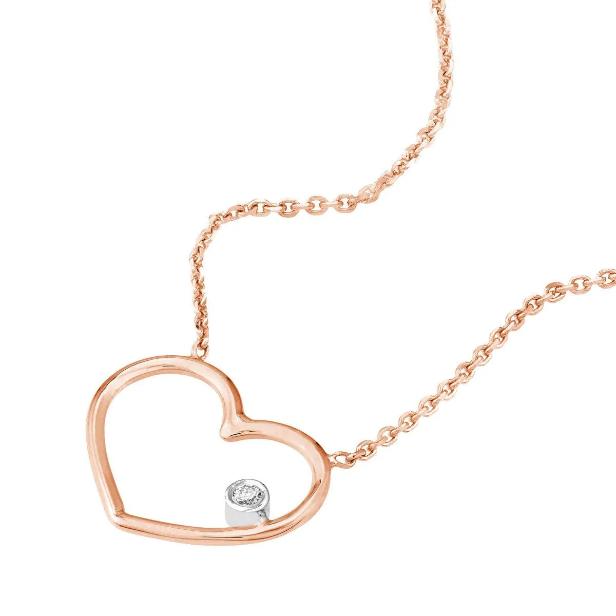 14K Rose And White Gold Open Wire Heart with Diamond Necklace