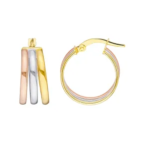 14K Tri Color Gold 15.00mm Round Triple Hoop Earrings