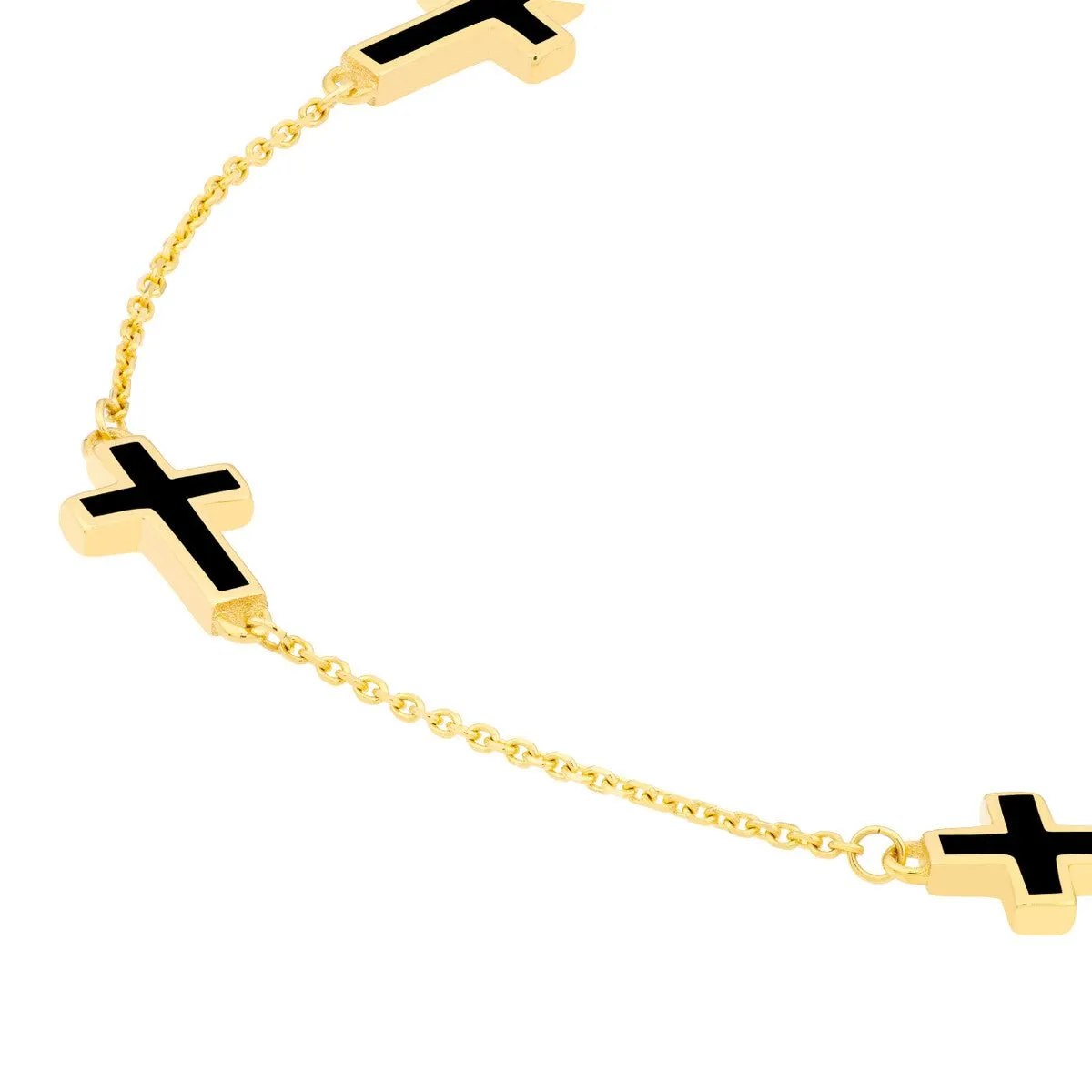 14K Yellow Gold Black Enamel Crosses Station Bracelet