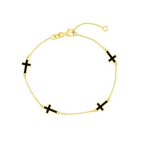 14K Yellow Gold Black Enamel Crosses Station Bracelet