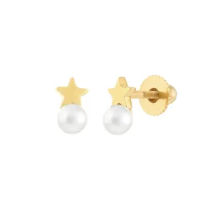 14K Yellow Gold Child's Star and Pearl Stud Earrings with Screw Back