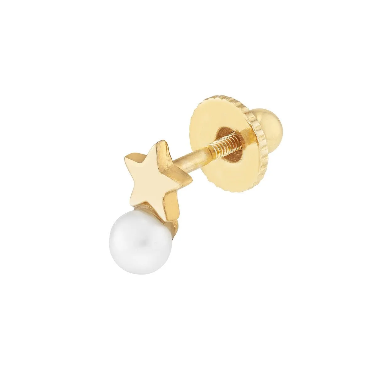 14K Yellow Gold Child's Star and Pearl Stud Earrings with Screw Back