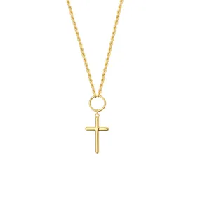 14K Yellow Gold Cross Drop Adjustable Necklace on Rope Chain