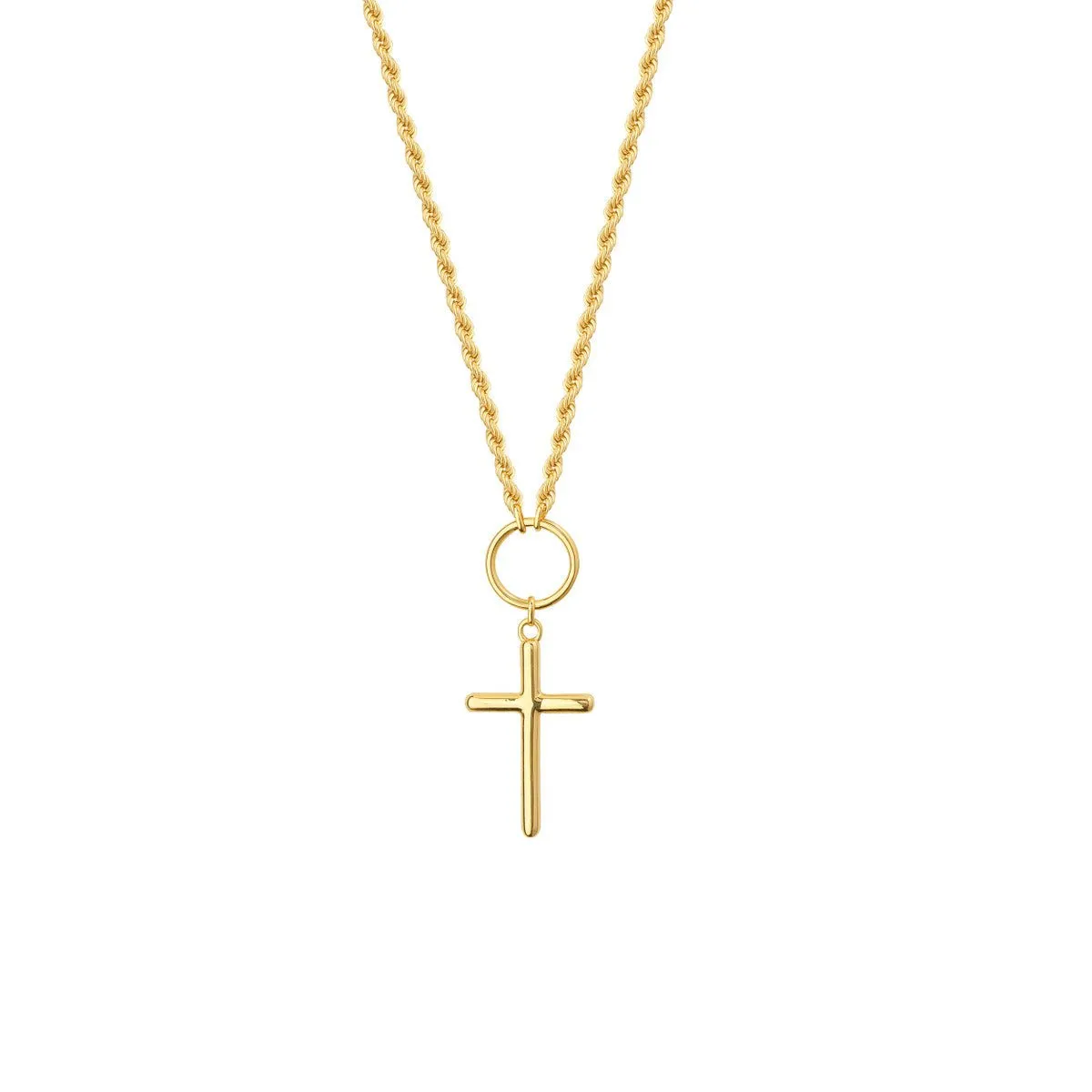 14K Yellow Gold Cross Drop Adjustable Necklace on Rope Chain