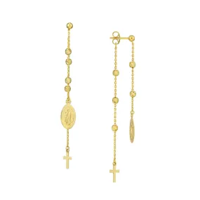 14K Yellow Gold Cross/Virgin Mary Drop Earrings