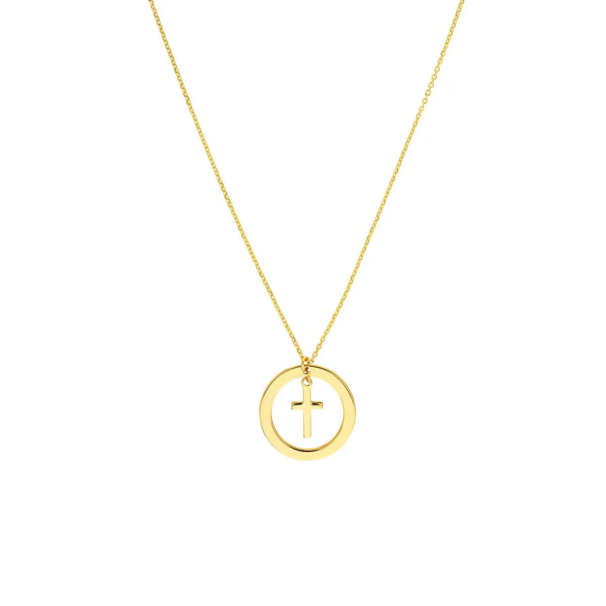 14K Yellow Gold Cut Out Circle w/Dangle Cross Necklace