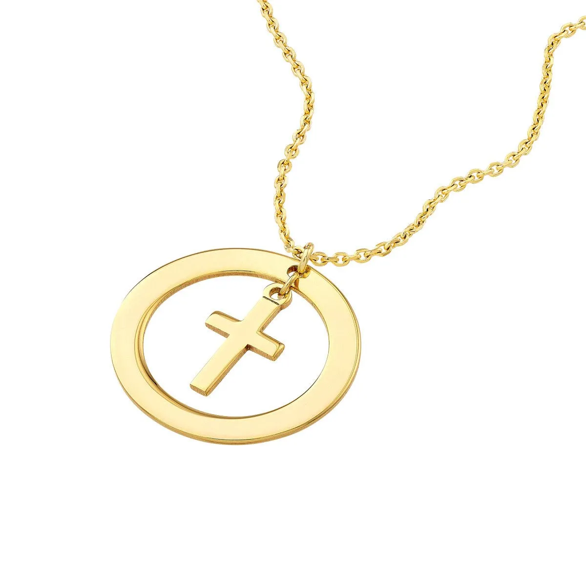 14K Yellow Gold Cut Out Circle w/Dangle Cross Necklace