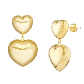 14K Yellow Gold Double Puff Heart Dangle Earrings