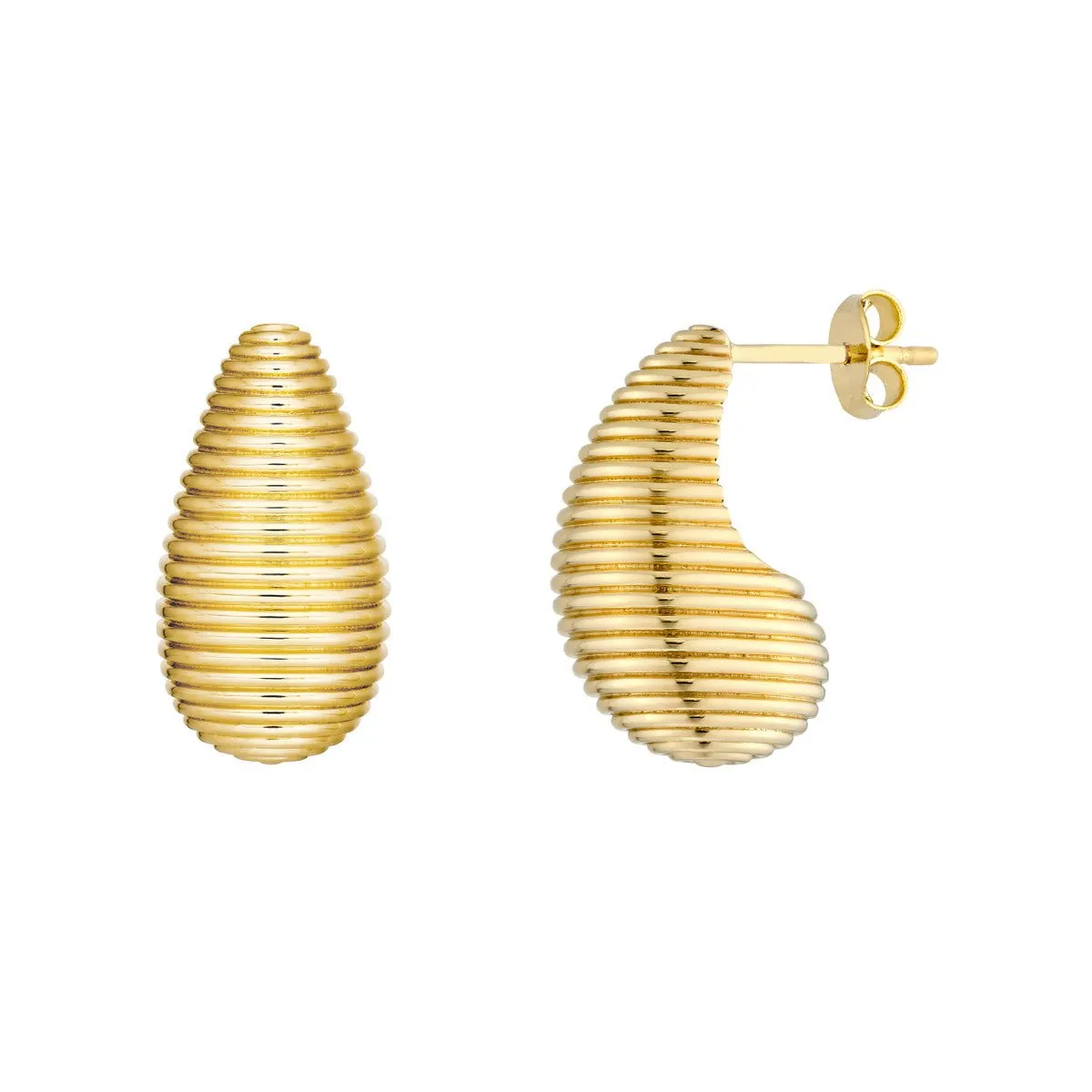 14K Yellow Gold Fluted Teardrop Stud Earrings