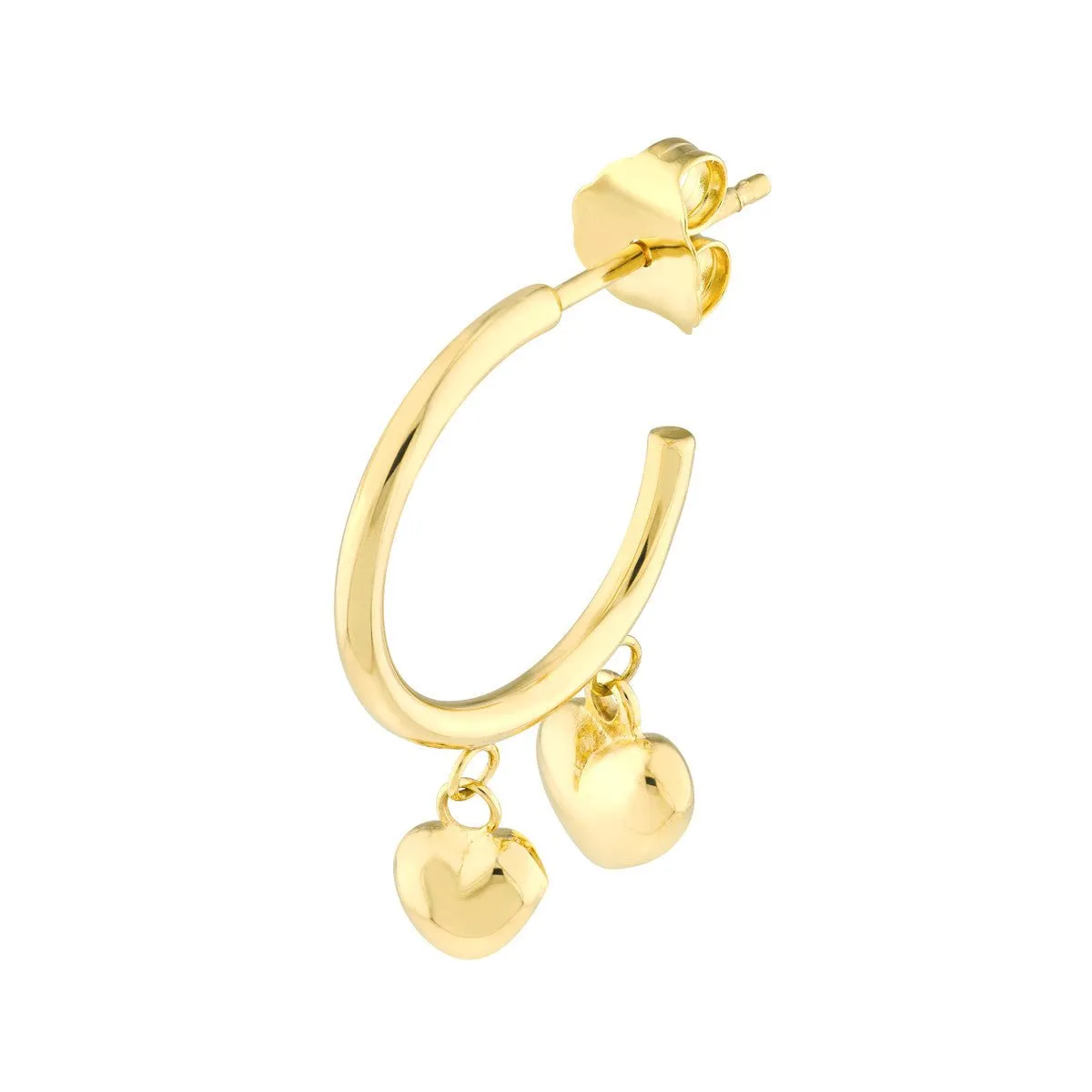 14K Yellow Gold Hoop Earrings with Puffy Heart Dangles