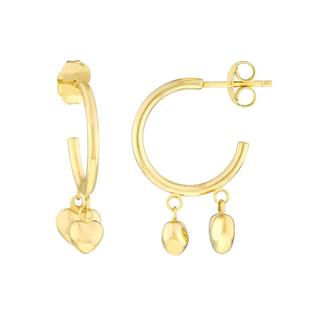 14K Yellow Gold Hoop Earrings with Puffy Heart Dangles