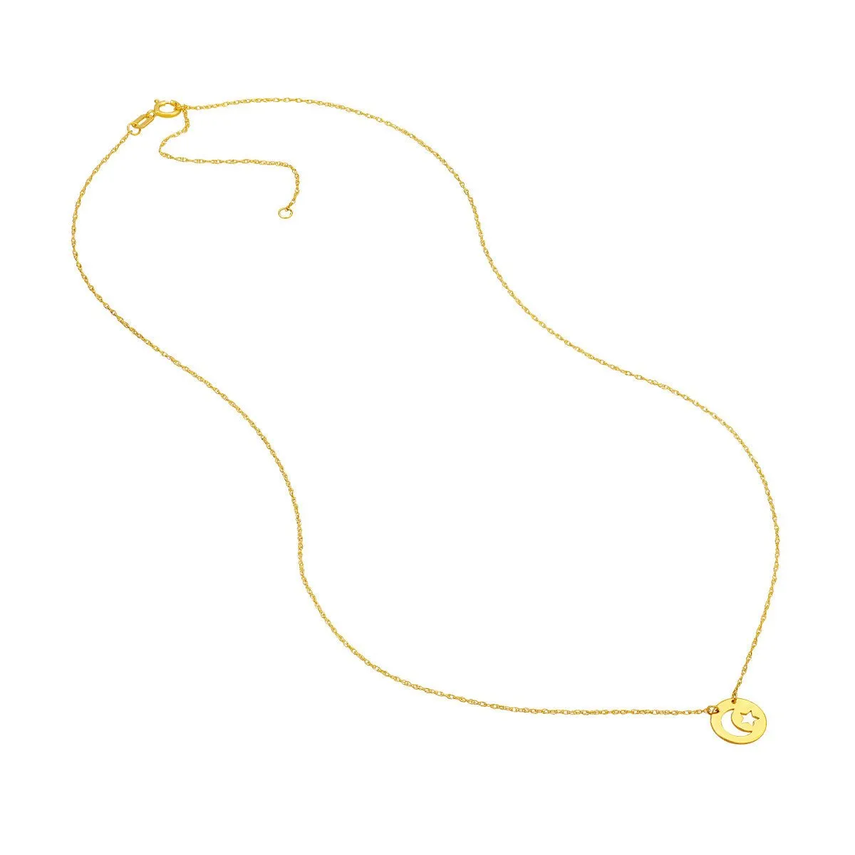 14K Yellow Gold So You Cutout Moon and Star Mini Disc Adj. Necklace