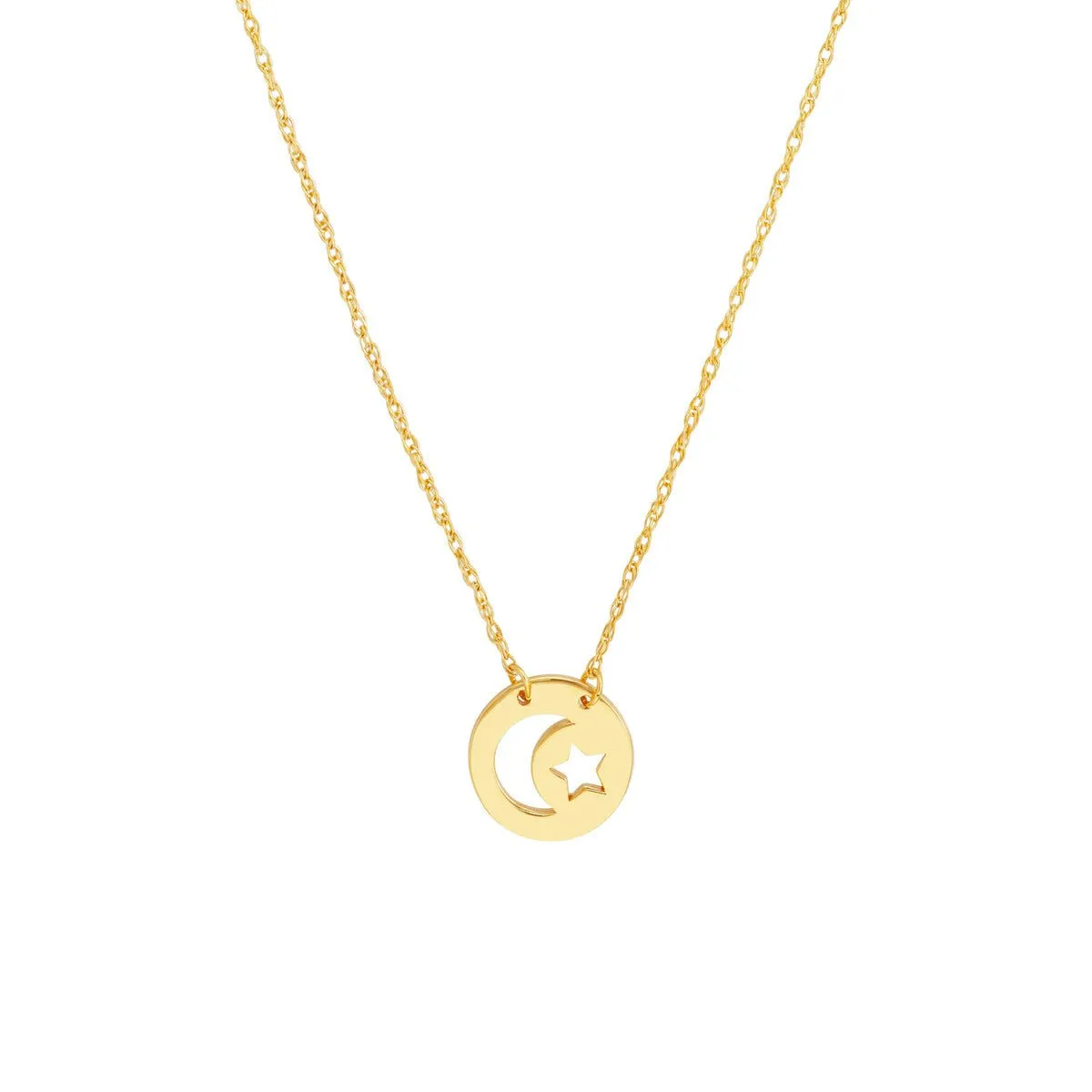 14K Yellow Gold So You Cutout Moon and Star Mini Disc Adj. Necklace