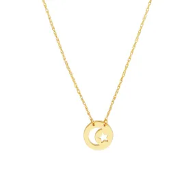 14K Yellow Gold So You Cutout Moon and Star Mini Disc Adj. Necklace