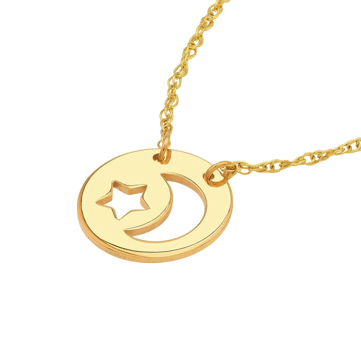 14K Yellow Gold So You Cutout Moon and Star Mini Disc Adj. Necklace