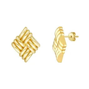 14K Yellow Gold Square Lattice Pattern Stud Earrings