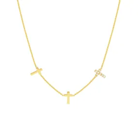 14K Yellow Gold Triple Cross with Diamond Necklace