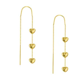 14K Yellow Gold Triple-Puffed Heart Threader Earrings