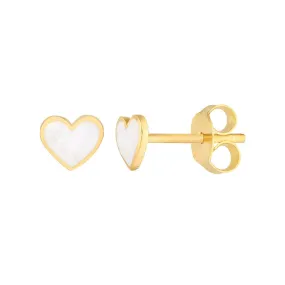 14K Yellow Gold White Enamel Heart Stud Earrings