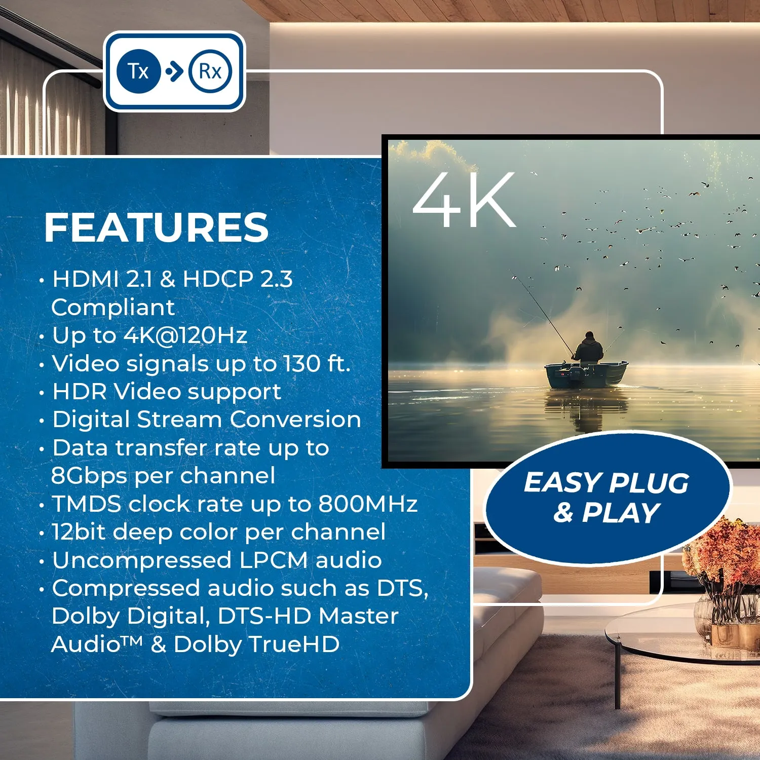 4K@120Hz HDMI Extender over CAT 6/7 up to 130 feet with EDID & Bi-Directional IR (BK-EX130-K)