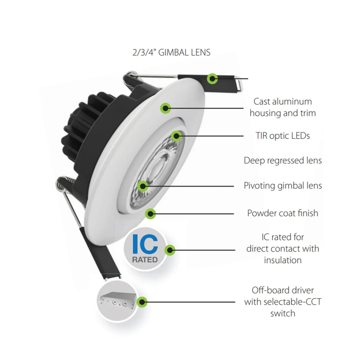 4" Gimbal Canless LED Downlight, 1050 Lumens, Selectable 2700K to 5000K, 38° Spot, Smooth Trim