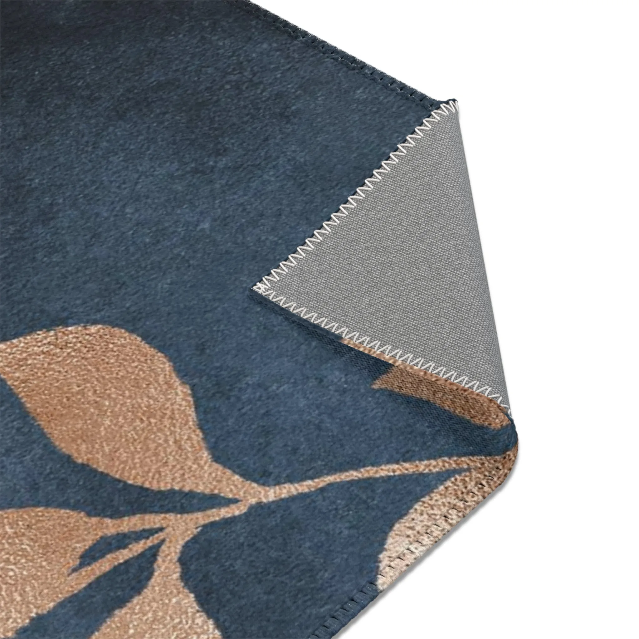 Abstract Boho Area Rug | Navy Blue, Beige Ivory Gold Leaves