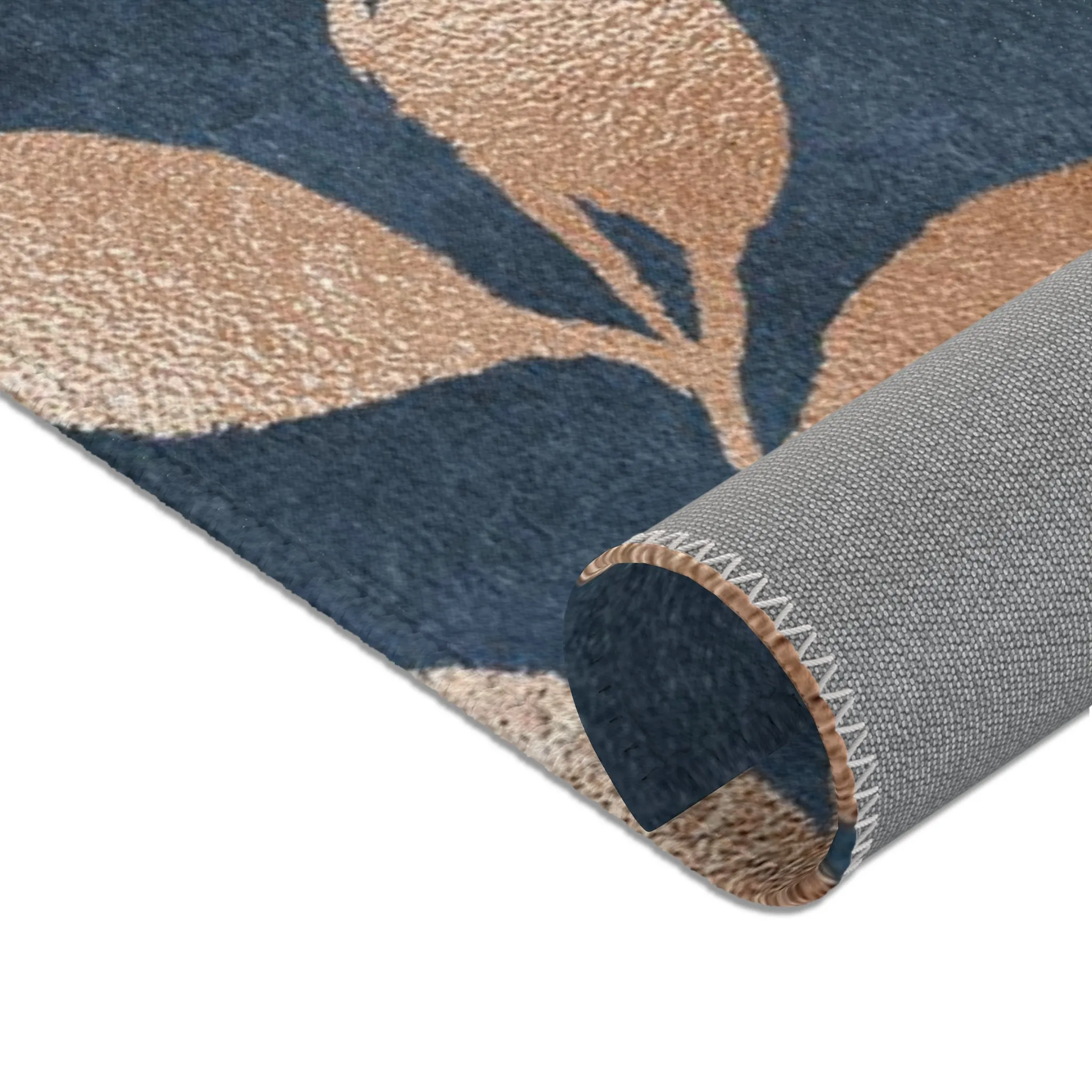 Abstract Boho Area Rug | Navy Blue, Beige Ivory Gold Leaves