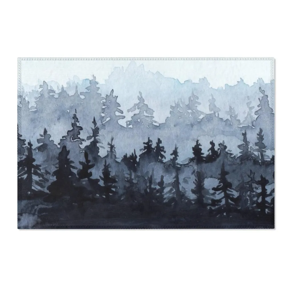 Abstract Boho Area Rug | Woodlands Black Gray Blue Forest