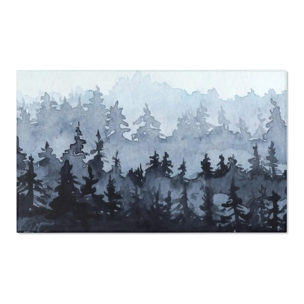 Abstract Boho Area Rug | Woodlands Black Gray Blue Forest