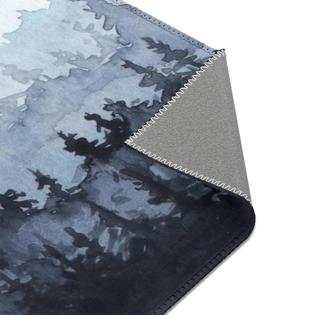 Abstract Boho Area Rug | Woodlands Black Gray Blue Forest