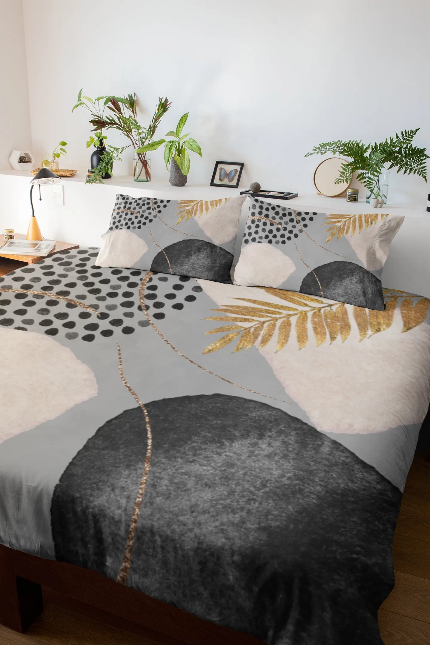 Abstract Duvet Cover | Grey, Cream Gold Leaf