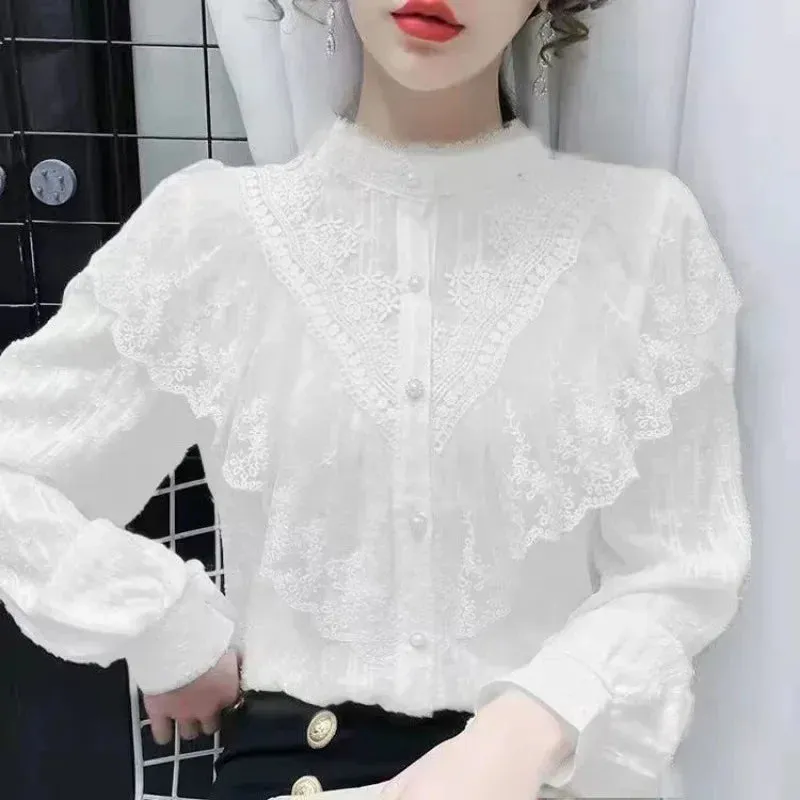 Amozae-2024 Spring Autumn New French Style Vintage Shirt Women's Design Sensibility Niche Versatile Ruffle Edge Chiffon Lace Top