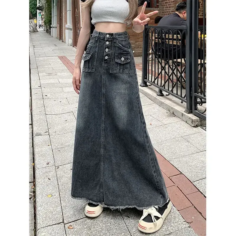 Amozae-Plus Size High-waisted Denim Skirt Women's Autumn/winter Slimming Vintage Design Sensibility Niche A- line Medium-length Dress