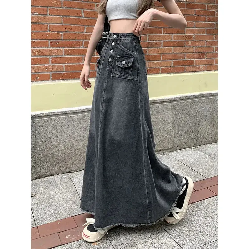 Amozae-Plus Size High-waisted Denim Skirt Women's Autumn/winter Slimming Vintage Design Sensibility Niche A- line Medium-length Dress