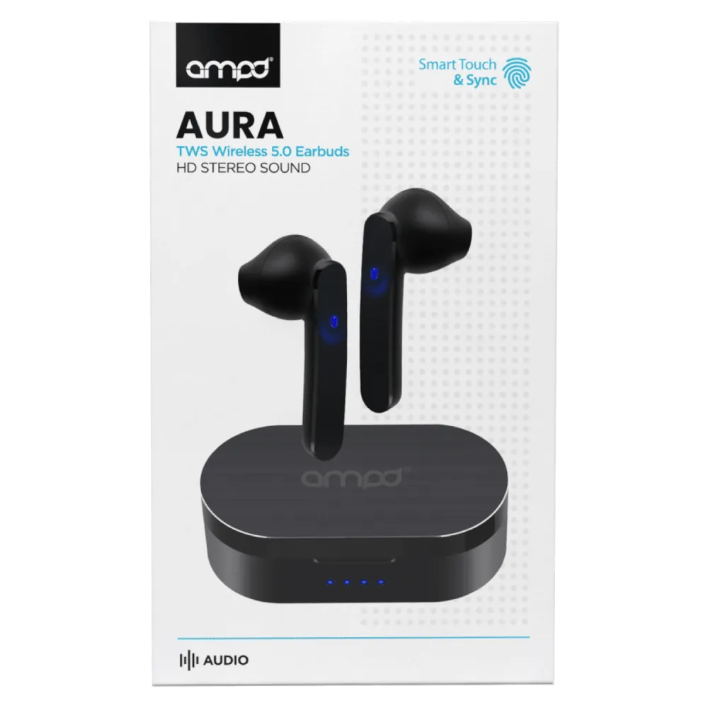 AMPD True Wireless Earbuds with Touch Controls & Charging Case – Hi-Fi Sound, Noise Cancelling, 8H Playtime