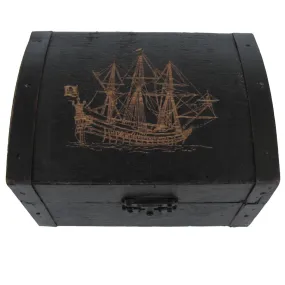 Antique Reproduction Wood Treasure Chest Pirate Ship on Wooden Box Lid