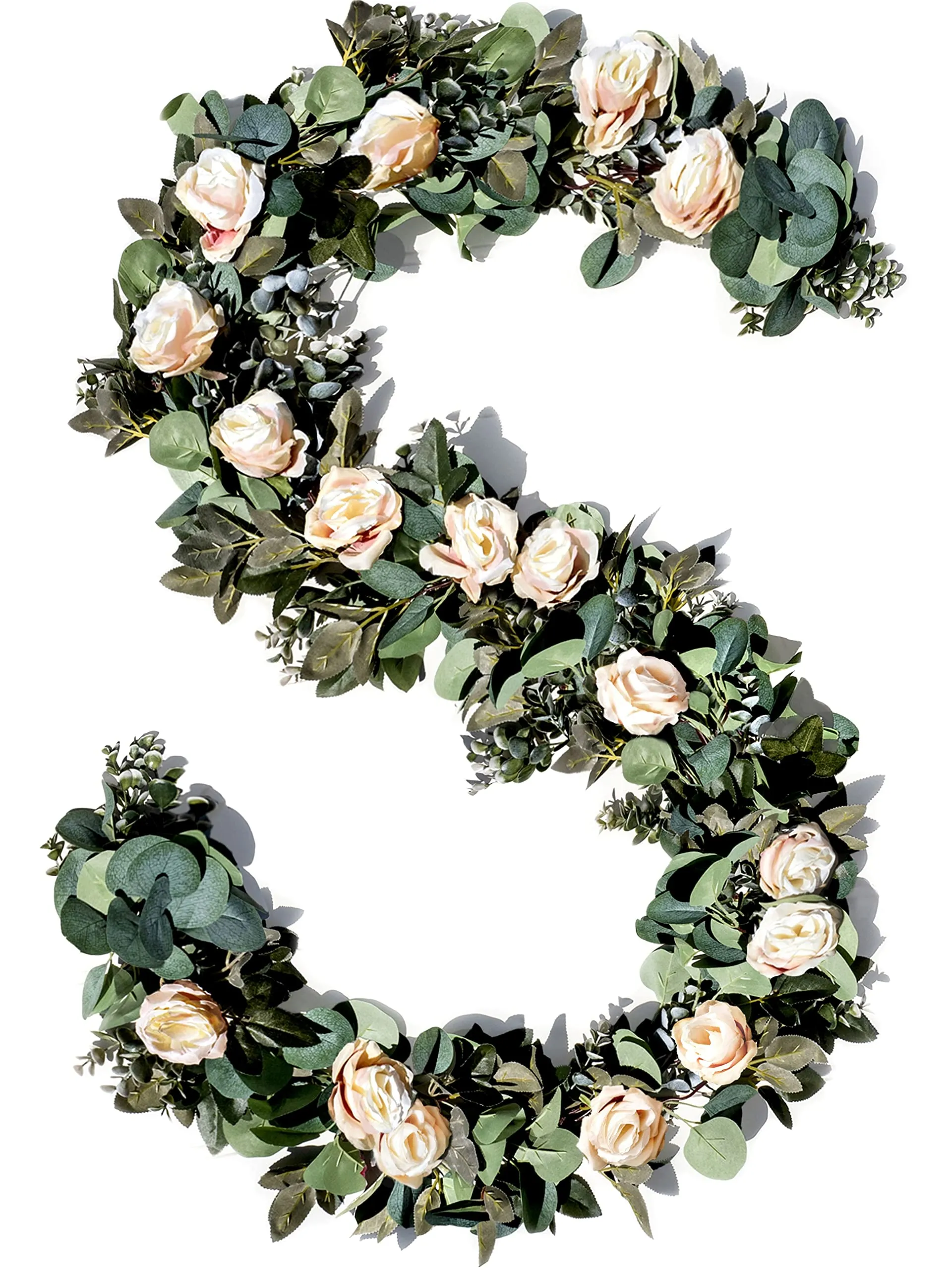 Artificial Eucalyptus Garland with 17 Ivory Cream Roses Wedding Floral Decor