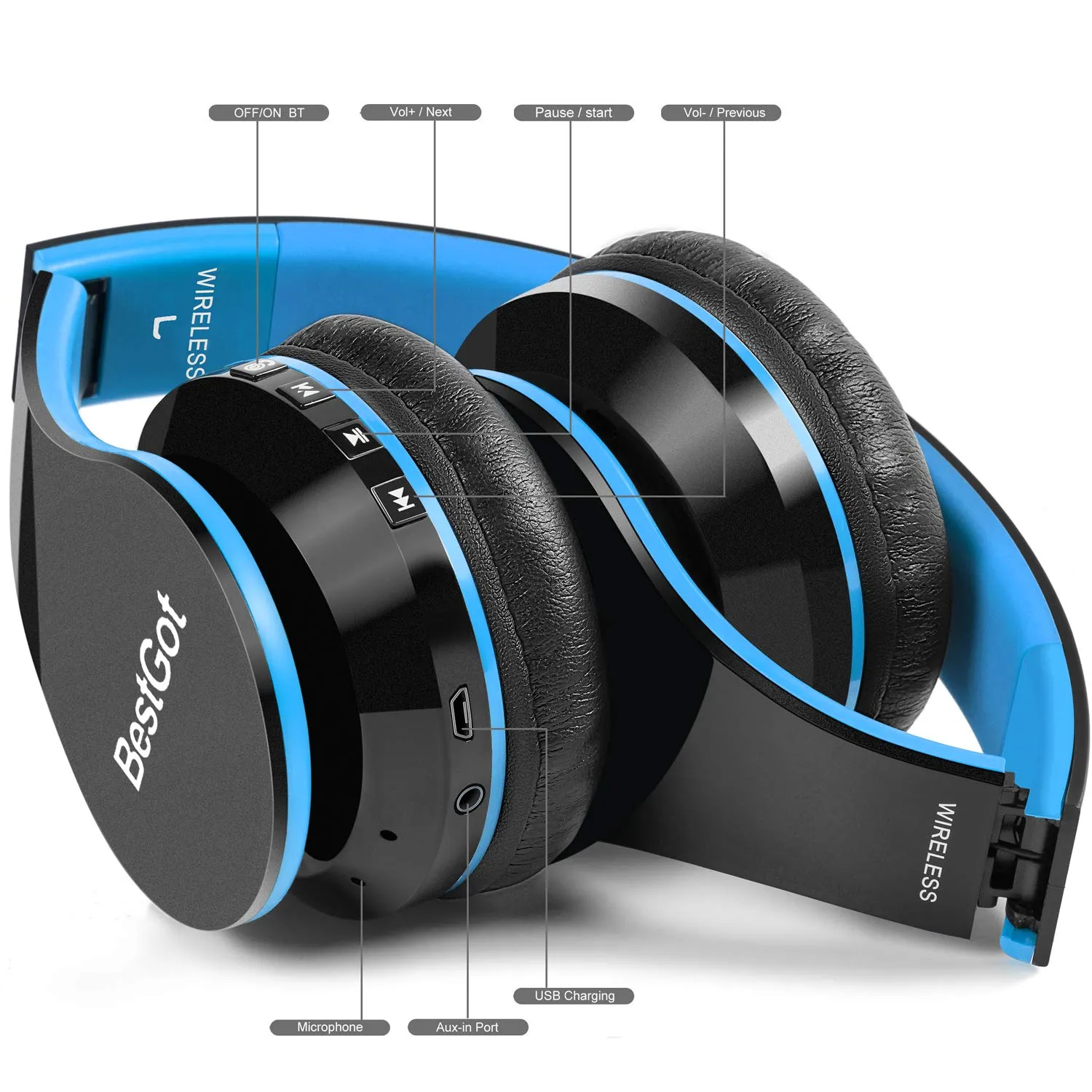 BESTGOT Kids Bluetooth Headphones BT6002 Wireless Headphones for Kids Children Adults for School Foldable Headset for 18 Hours for PC/Phone/Tablets/TV (Black/Blue)