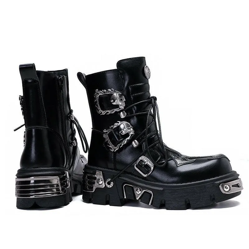 Black Leather Platform Boots with Metallic Buckles for Casual Punk Workwear