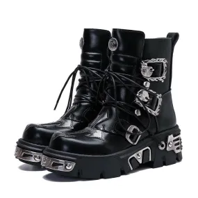 Black Leather Platform Boots with Metallic Buckles for Casual Punk Workwear