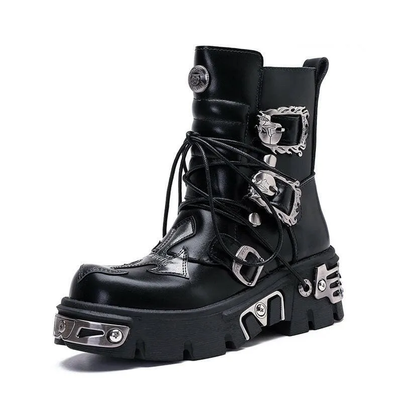 Black Leather Platform Boots with Metallic Buckles for Casual Punk Workwear