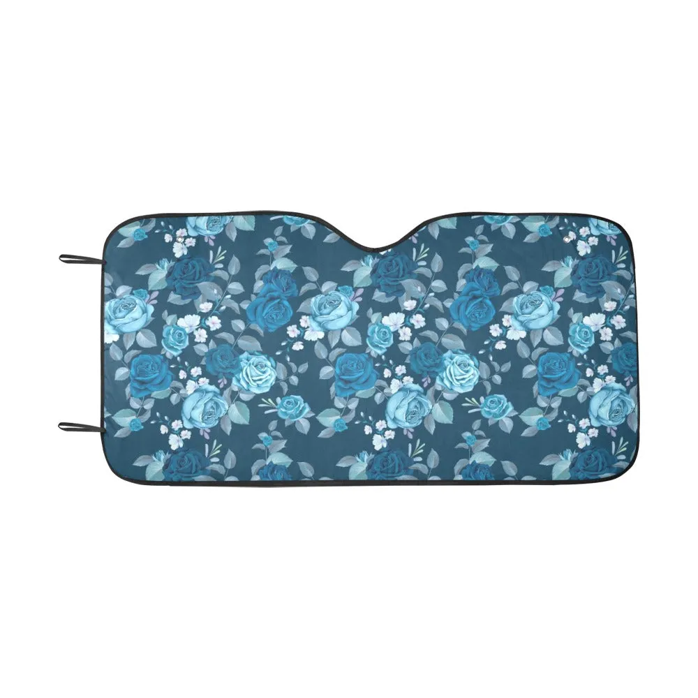 Blue Flowers Sun Windshield, Cute Floral Car Accessories Auto Shade Protector Window Visor Screen Cover Women Decor 55" x 29.53"