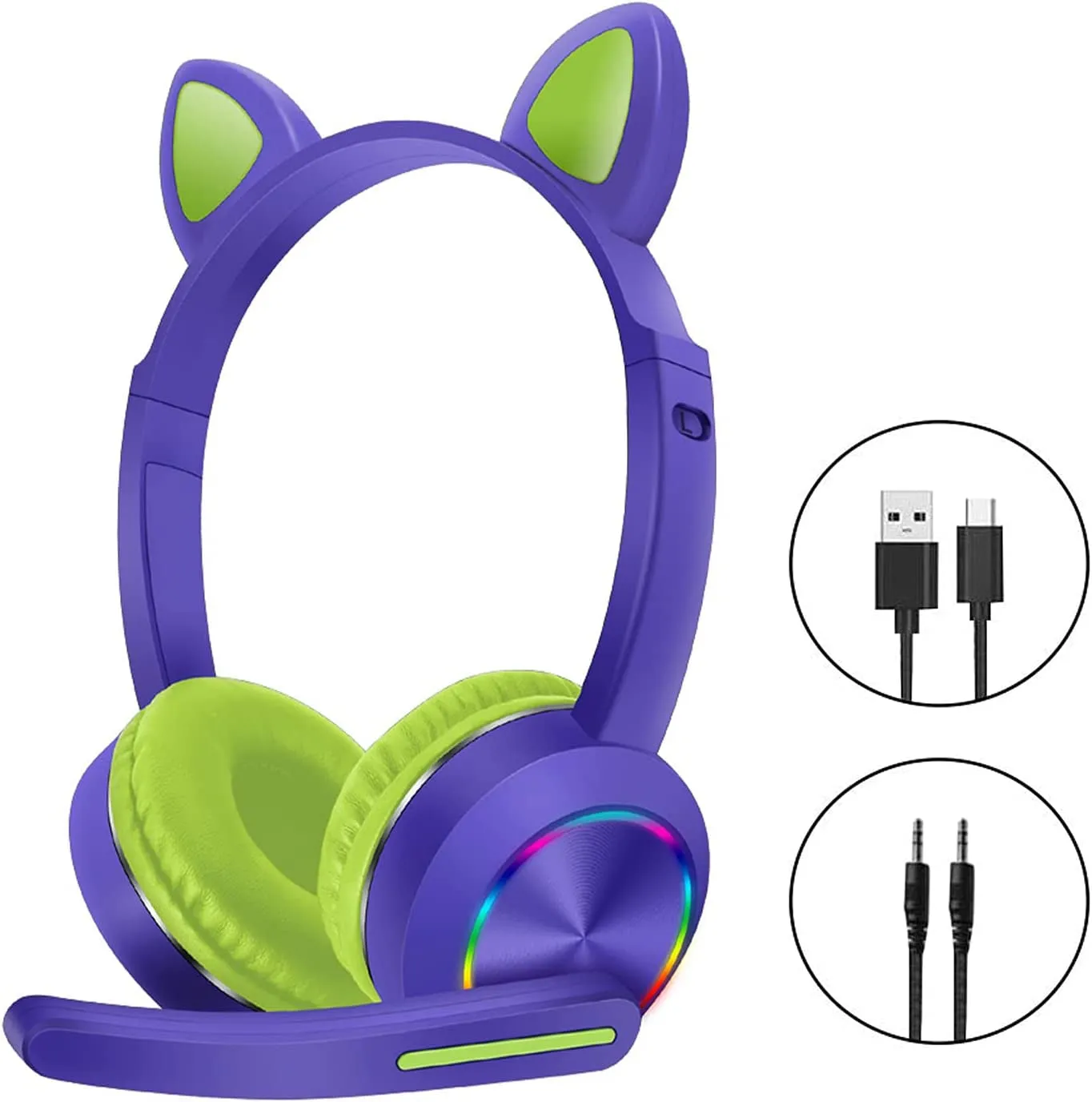 Bluetooth Headphones, Over-Ear Wireless Headphones, Cat Ear Headphones with LED Light, Built-In Microphone Cute Comfortable Gift for Computer(Purple)