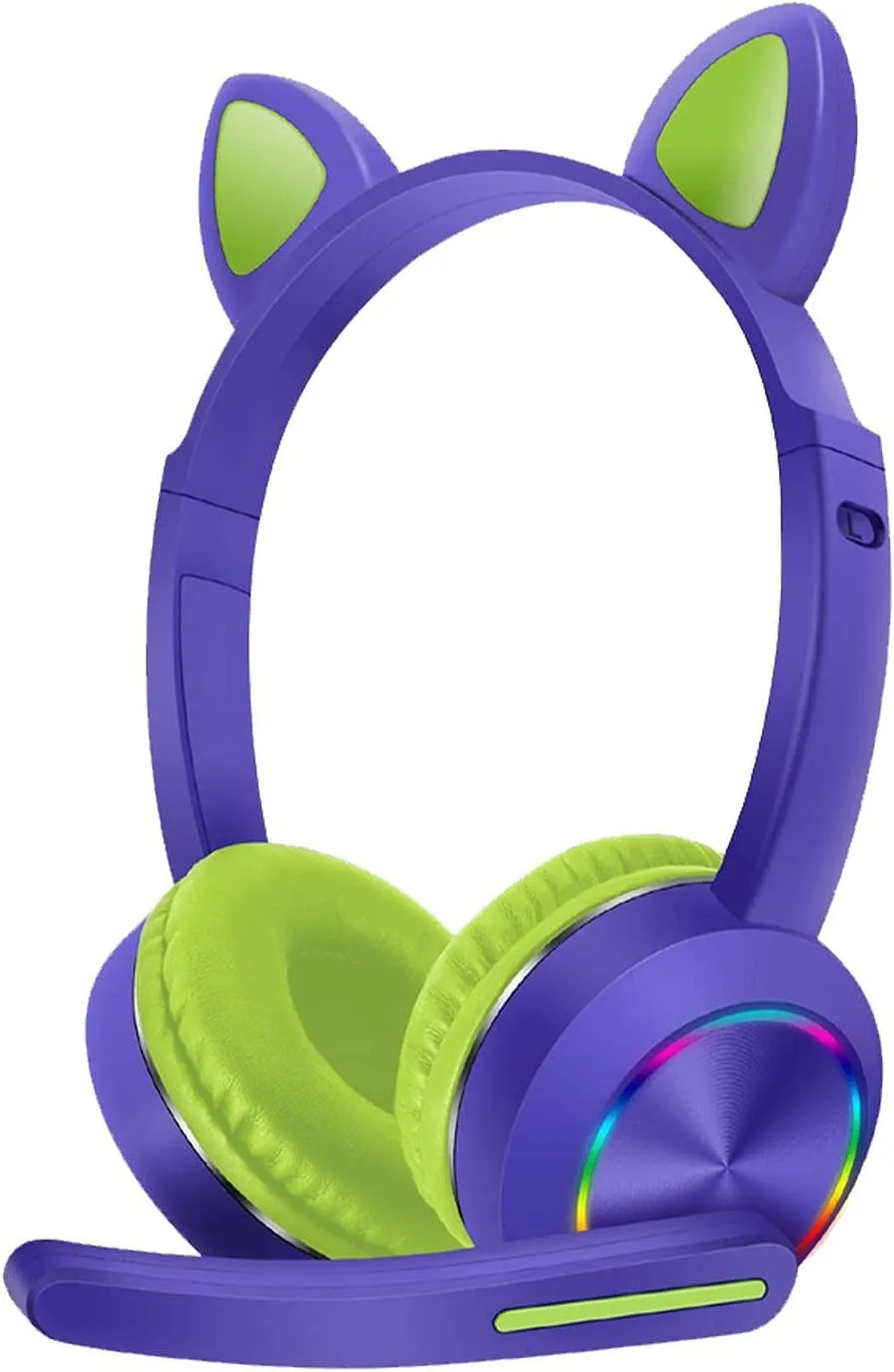 Bluetooth Headphones, Over-Ear Wireless Headphones, Cat Ear Headphones with LED Light, Built-In Microphone Cute Comfortable Gift for Computer(Purple)